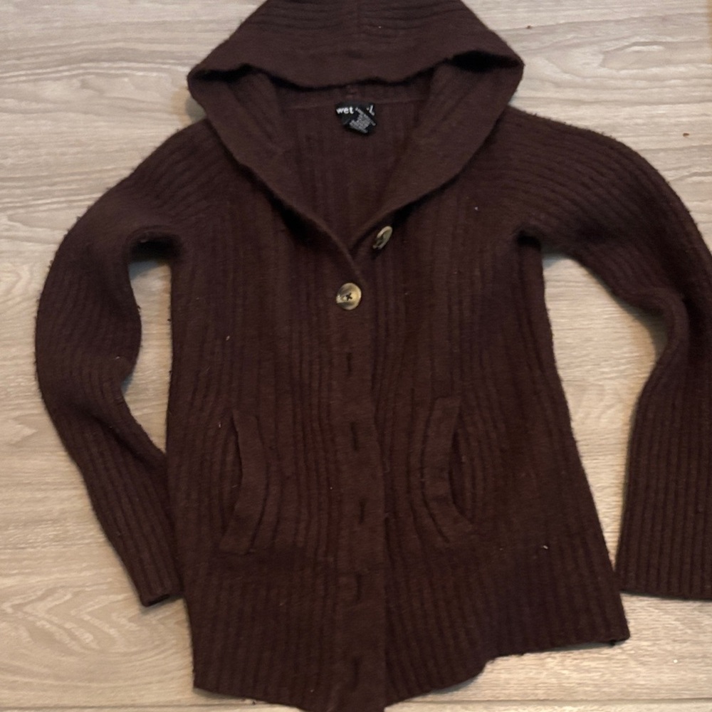 Wet Seal Chocolate Brown Hooded Cardigan VINTAGE RARE